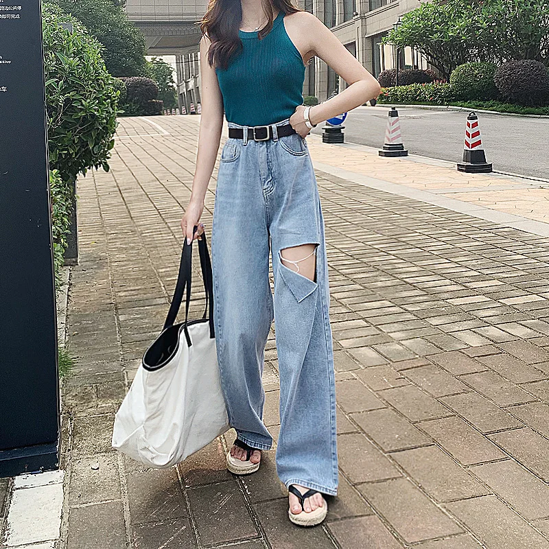 

Female Denim Pants Spring Summer High Wiast Hole Mopping The Floor Ultra Long Jeans All-match Casual Women Straight Jeans Loose