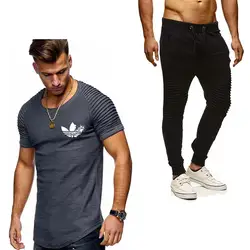 2019 плиссированная футболка + брюки мужские комплекты брендовый принт Мужская брендовая одежда костюм из двух предметов Мужская спортивная