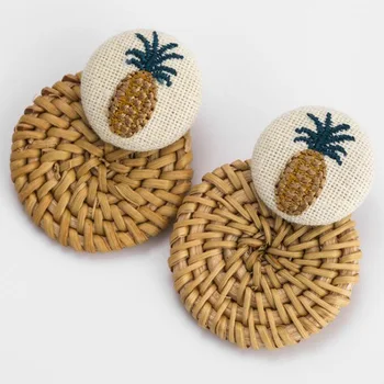 Handmade Pineapple Drop Earrings For Women Wooden Straw Weave Rattan Earrings Big Round Wedding Trendy Dangle Jewelry2019