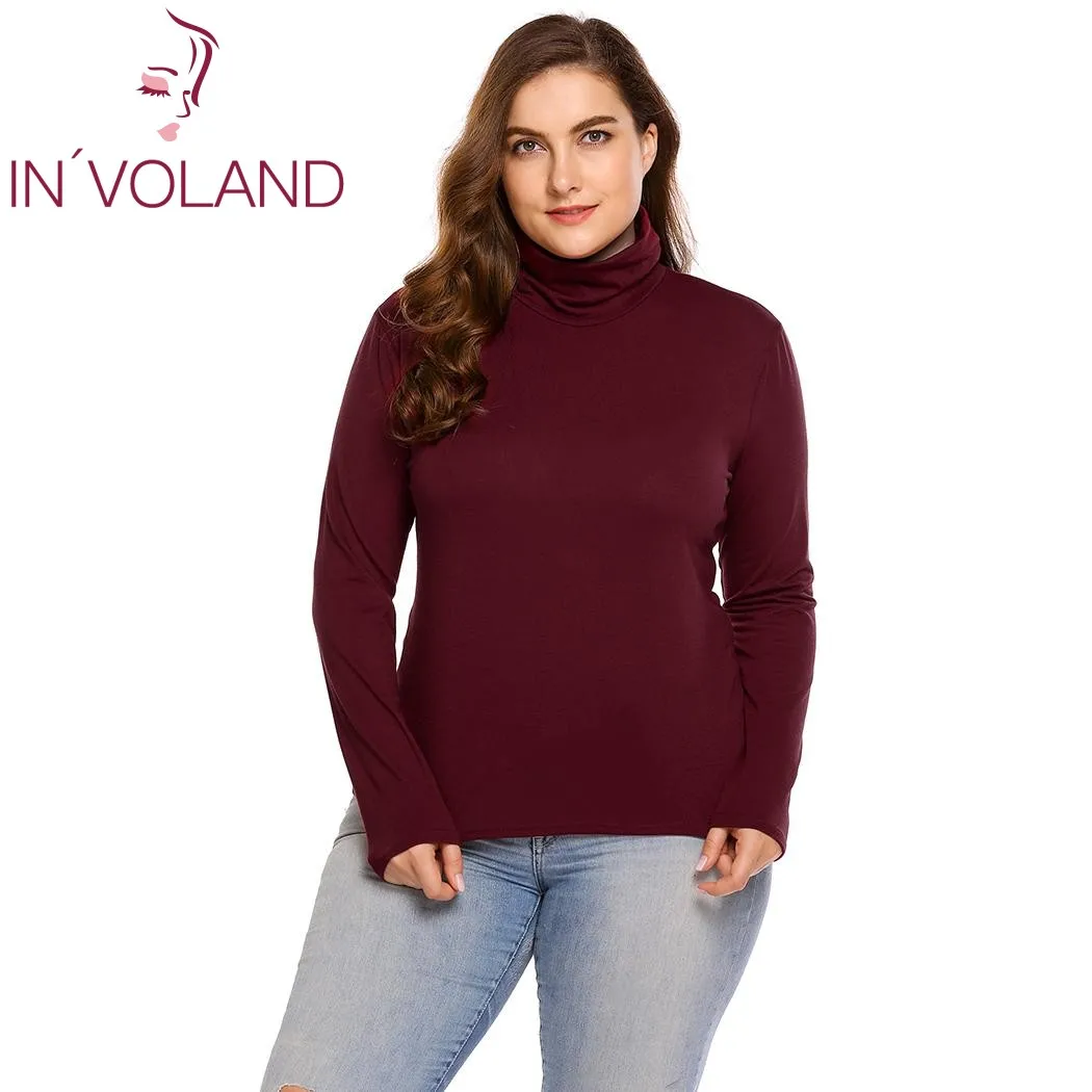 

IN'VOLAND Women T-Shirt Plus Size Spring Autumn Turtleneck Long Sleeve Solid Basic Slim Fit Feminino Tshirt Top Oversized 3XL