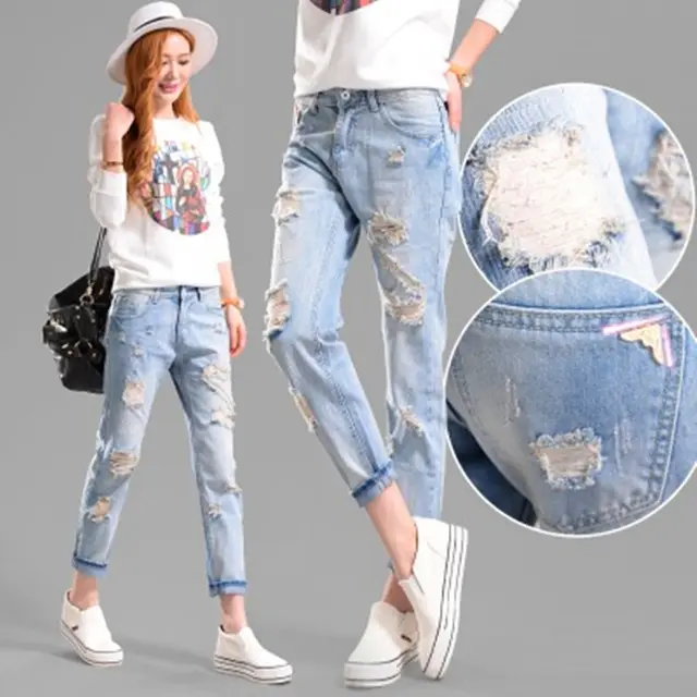 Fashion Korean Autumn Winter Casual Slim Hole Jean Femme