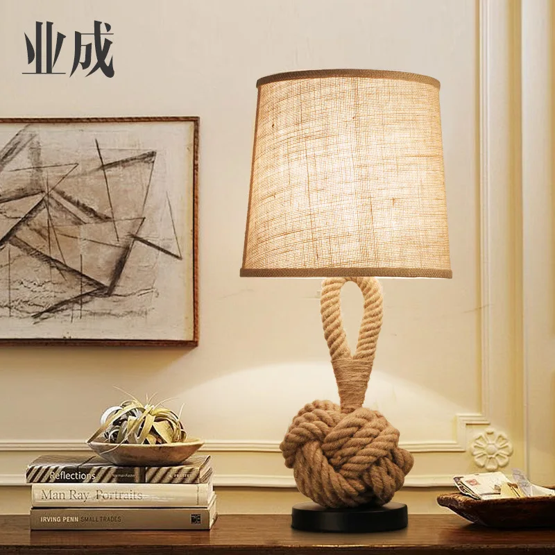 

American Style Hemp Rope Table Lamp for Bedroom Bedside Led Table Lamp Coffee Shop Study Cloth Art Home Decoration