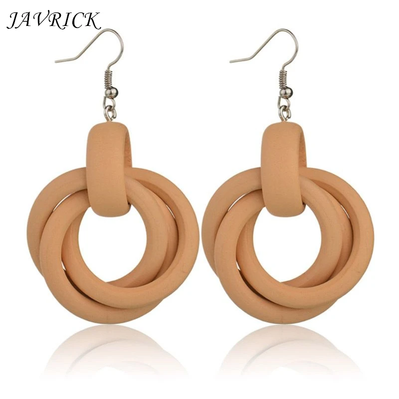 

JAVRICK Women Simple Wild Wood Earrings Fashion Ladies Charming Personality Wooden Pendant Long Round Spiral Earring Jewelry New