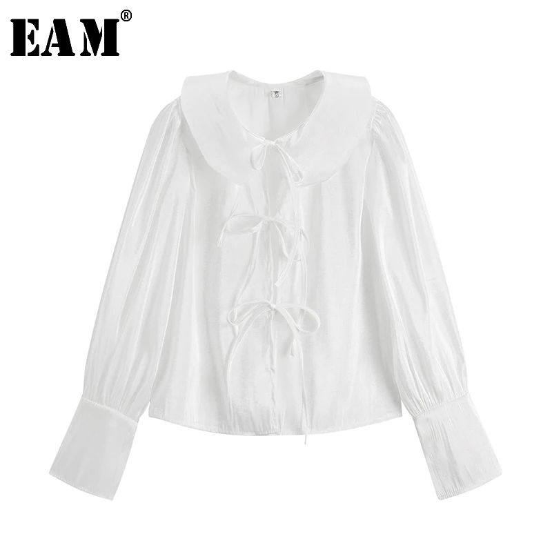 [EAM] 2019 весенне-Летняя женская новая стильная белая Свободная рубашка с длинными рукавами и бантом с воротником «Питер Пэн» универсальная