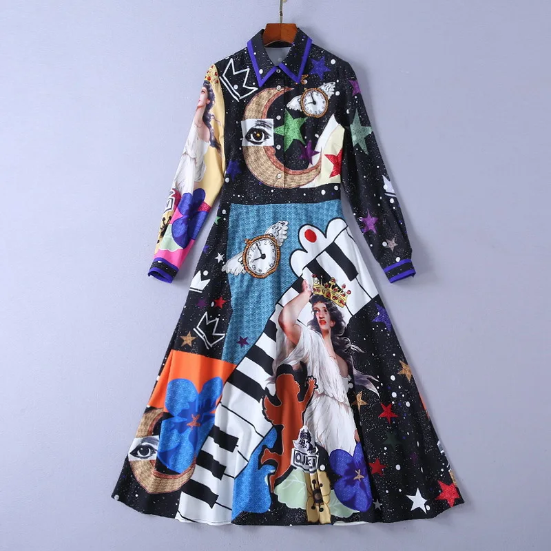 

High Quality Women's Maxi Long Dresses Cartoon Printed Luxury Diamonds Beading Ladies Vintage Elegant Party Aline Dress Office