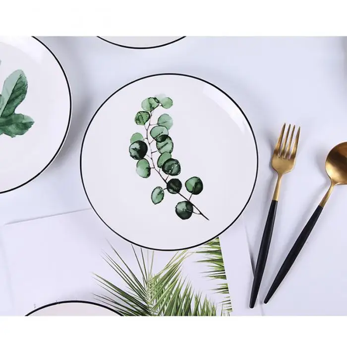 8 дюймов круглый зеленый лист керамическая столовая тарелка набор кухонной посуды десерт фрукты салат тарелка столовая посуда торт тарелка Западная еда