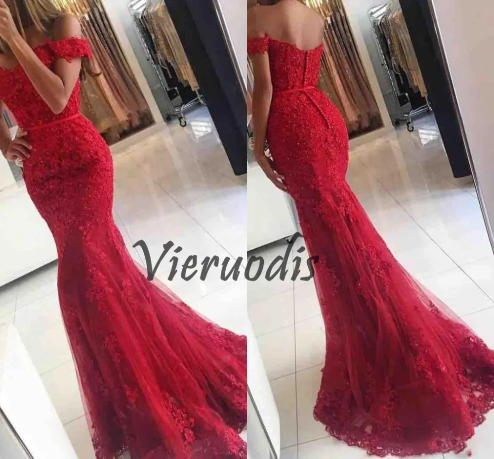 3912017 New Red Lace Mermaid Prom Dresses veatidos off Shoulder Beaded Appliques Tulle Floor Length Cheap Long Evening Gowns