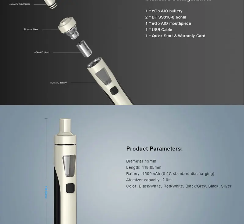 Hot Electronic Cigarette Joyetech EGo Aio Start kit 1500mah battery mod 0.6ohm Vape Pen 2ml Atomizer  Vaporizer best E cigarette (1)