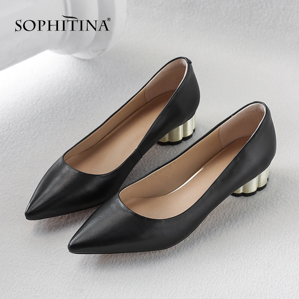 

SOPHITINA New Stylish Genuine Leather Med Heel Ladies Pumps Casual Office Square Heel Shoes Fashion Shallow Women Pumps SO208