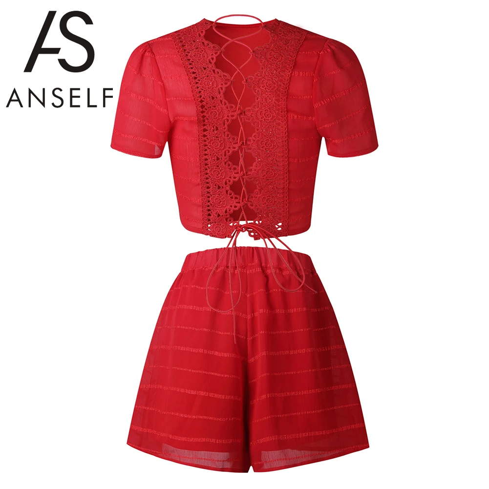 

Women Lace Up Back Two Piece Set Sexy Hollow Out Crop Top Shorts Set Bandage Cross Over Crochet Lace Elastic Waist Sexy Suits