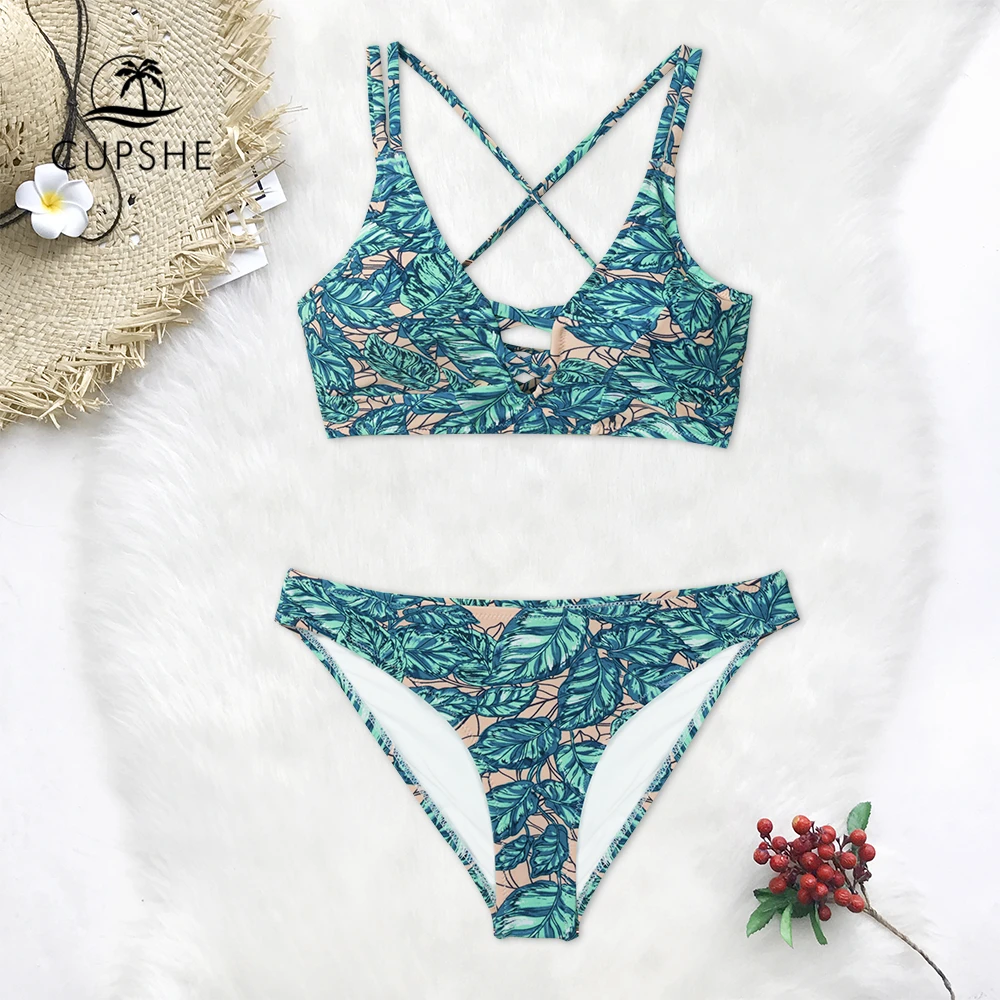 Online CUPSHE Blätter Print Lace Up Bikini Sets Frauen Sexy Spitze up Zwei Stücke Badeanzüge 2020 Mädchen Strand Badeanzüge bademode