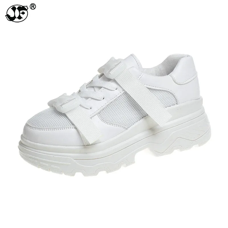 

Genuine Leather + Mesh Women's Platform Dad Sneakers 2018 Fashion Buckle Women Flat Walking Shoes Woman Casual Footwear 744