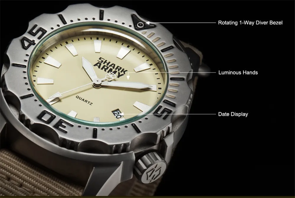 Акула армейские часы мужские модные спортивные кварцевые часы хаки 10 АТМ водонепроницаемые Авто отображение даты полностью стальные светящиеся армейские часы/SAW194