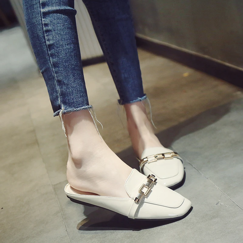 Novedad de 2019! Zapatos planos con cordones y punta cuadrada con cadena, zapatos de cuero japonés para chanclas exteriores, zapatos de verano para mujer|Zapatillas| - AliExpress