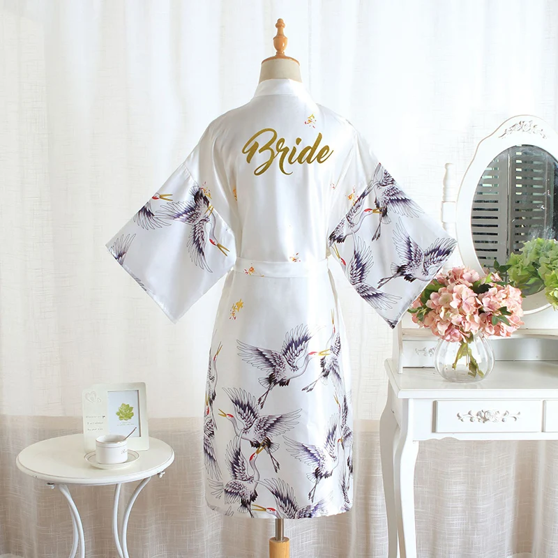 

BZEL Bride Robes Dressing Gown For Women Wedding Robe Crane Pattern Bath Robe Silk Satin Kimono Sleepwear For Woman Nightshirt