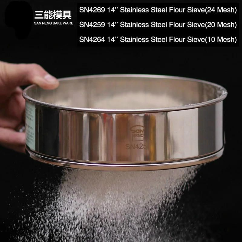 

14'' Round Stainless Steel Flour Sieve colander Powdered Sugar Filter 24/20/10 Mesh Sifting Strainer Kitchen Cake Baking Tools