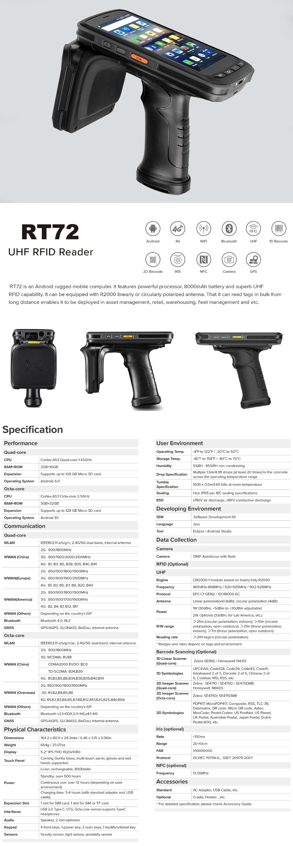 Coletor de Dados Scanner com Rfid Leitor de Aperto de Pistola Alta Qualidade Terminal Portátil Móvel 4g Android 6.0 1d - 2d Barcode Uhf Pda 6 Barcode Scanner com RFID UHF leitor de Aperto de Pistola