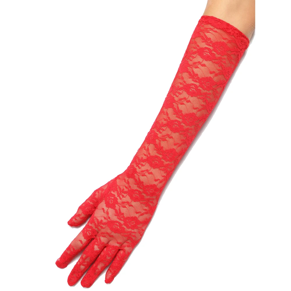 Новая мода женщин Кружева Вышивка Длинные полный палец перчатки костюм черный красный белый