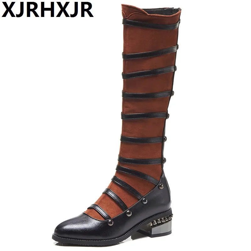 

XJRHXJR Winter Women Riding Boots Chunky Low Heel Motorcycle Boots Shoes Zip Rivets Women High Boots Brown Black Big Size 32-38