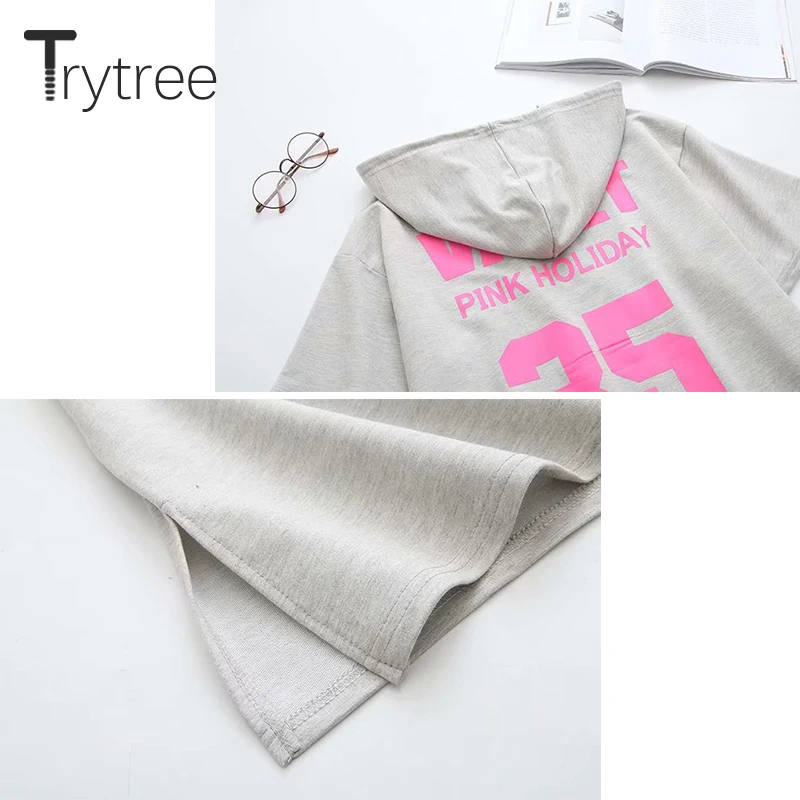 Trytree летние Повседневное Для женщин длинная футболка с капюшоном буквенным