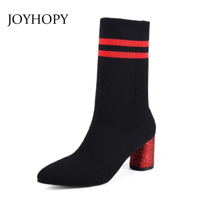 

Autumn Women High Tube Stocking Boots Fashion Thick High Heels Shoes Women Elastic Knitting Sock Thin Leg Mid Calf Boots WB1436