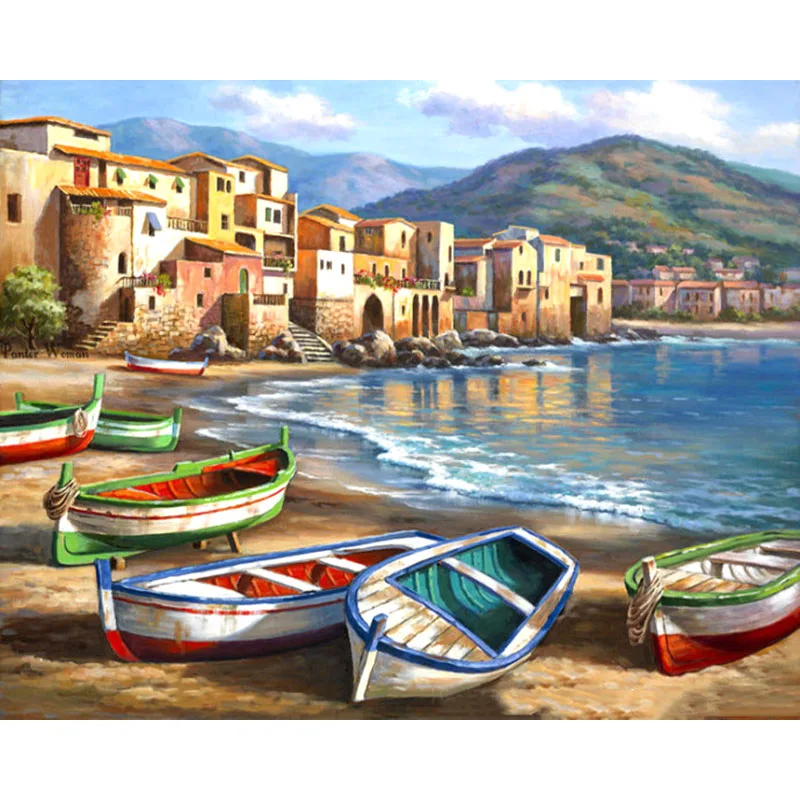 

Beach with Boats Hand Made Paint High Quality Canvas Beautiful Painting By Numbers Surprise Gift Great Accomplishment