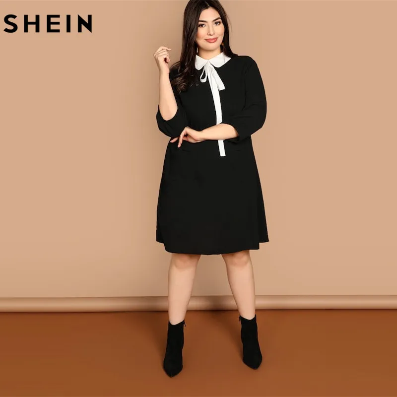 SHEIN Офисное Платье Размера Плюс, Контрастное Платье С Воротником-Бантом, Платье С Карманом и Длинными Рукавами