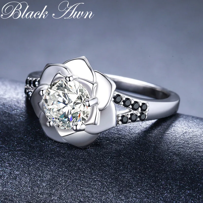 Flower New Romantic Silver Color fashion jewelry Engagement Black Spinel Engagement Ring for Women Anillos Mujer G073 silver rings silver ring