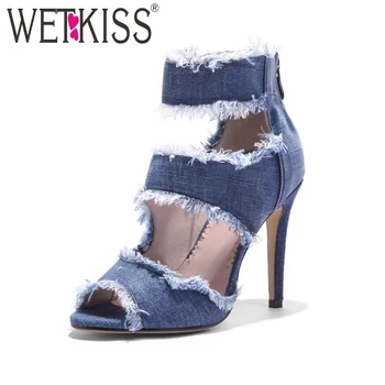

WETKISS 2018 Spring Fashion Summer Ladies Shoes Cutout High Heels Women Sandals Holed Peep Toe Denim Zipper Thin Heels Footwear