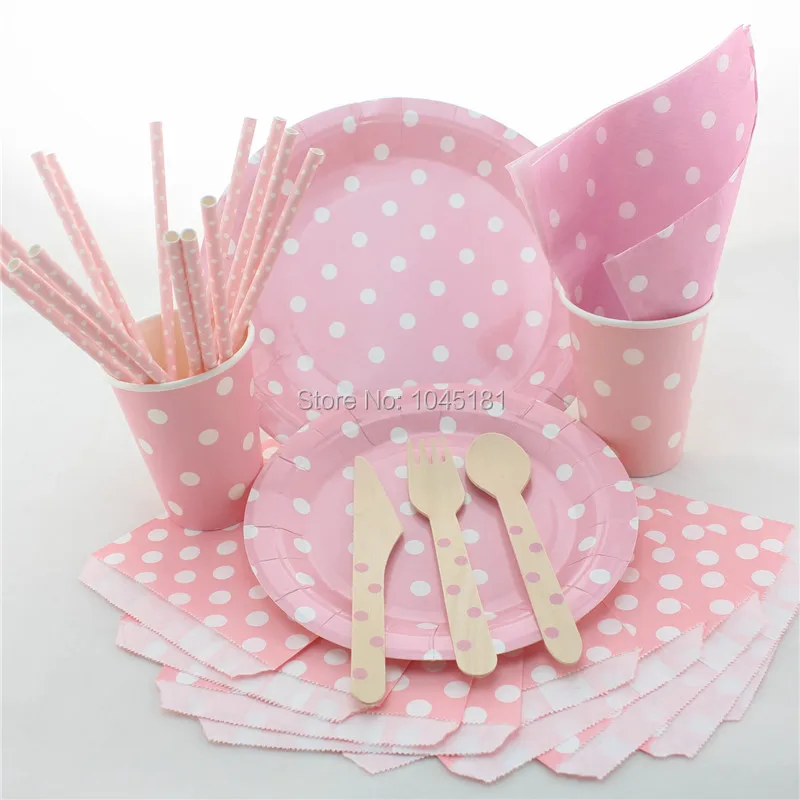 Disposable Party Tableware Set Polka dot Paper Plates,Cups,Straws