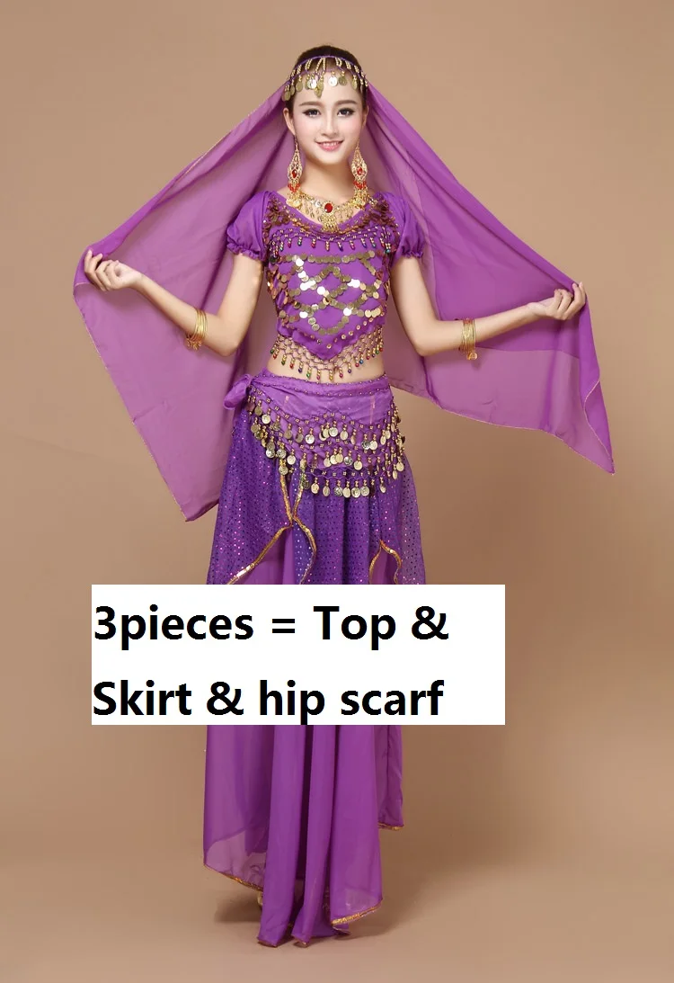 Детские болливудские танцевальные костюмы, юбки для взрослых и детей, женская одежда размера плюс, платье jupe, одежда для индийских танцев rs, танцевальное сари, костюм - Цвет: purple3pcs