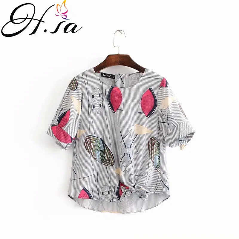 

H.SA 2019 Women Harajuku Blouses and Shirts Short Sleeve Cartoon Ins Chic Blusas Irregular Bow Hem Striped Loose Summer tops