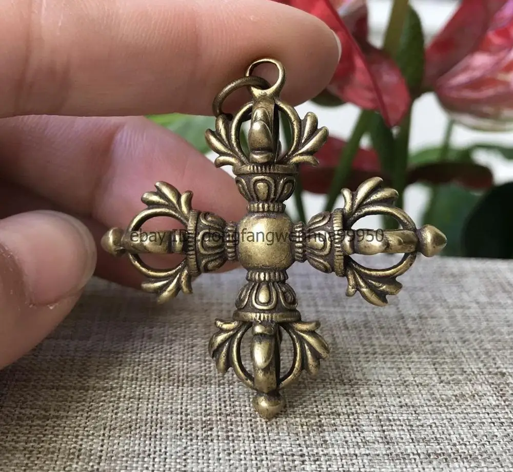 Китайский бронзовый медь 4 лепестка Dorje Vajra pestle exorcise evil Amulet кулон A02|Статуи и