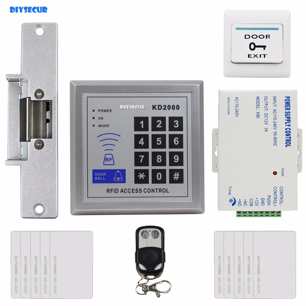 

DIYSECUR Remote Control 125KHz RFID ID Card Reader Password Keypad Access Control Security System Kit + Strike Lock KD2000