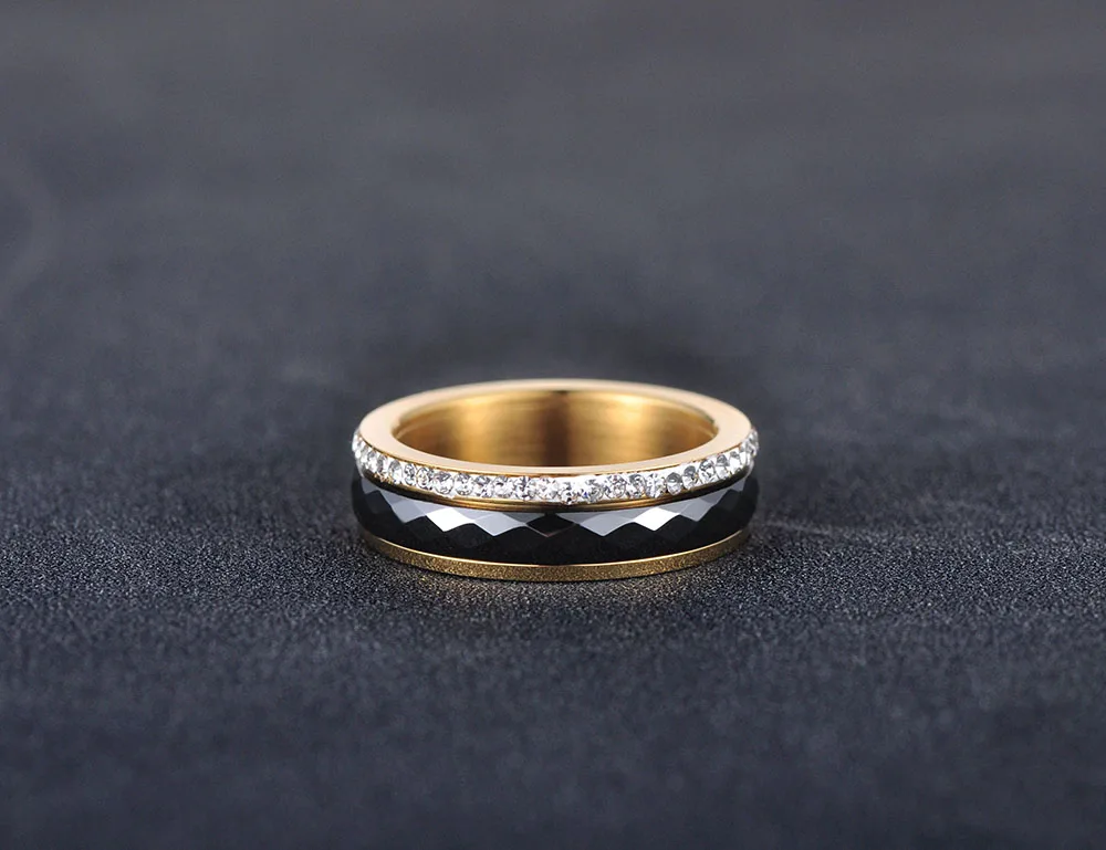 AENINE Классическая титановая сталь черная керамика обручальные кольца ювелирные изделия розовое золото Кубический Цирконий обручальные кольца для женщин AR18013