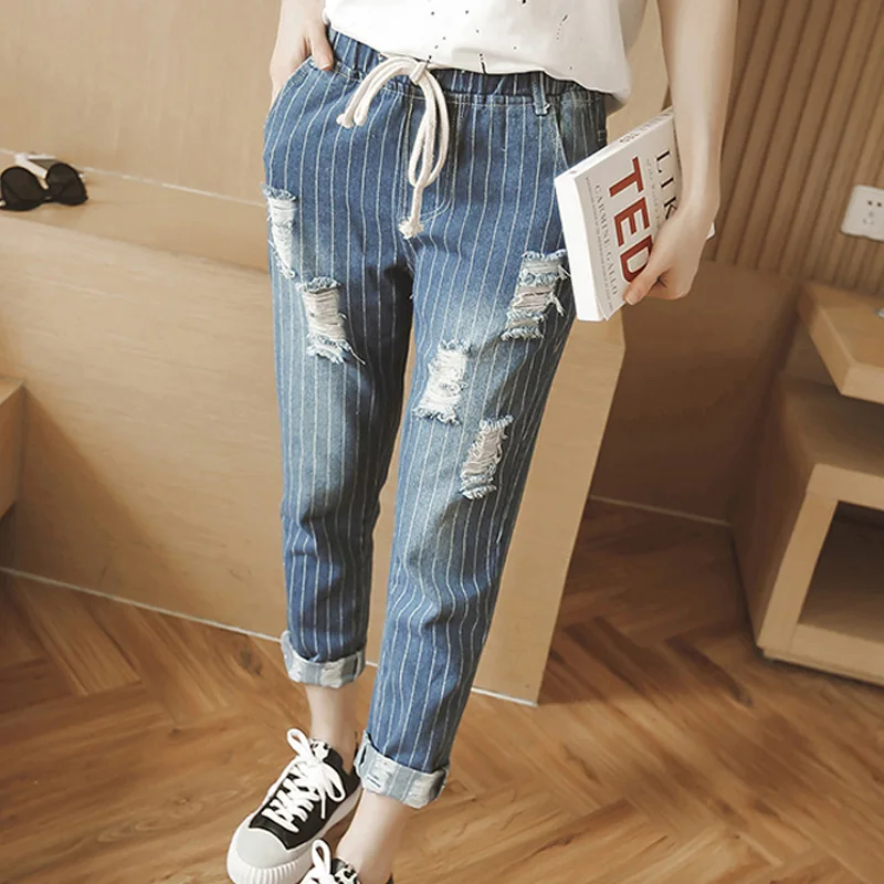 

Plus Size Ripped Jeans Vintage Blue Boyfriend Stripe Denim Holes Women Casual Pocket Trousers 2016 Summer Straight Femme 33014