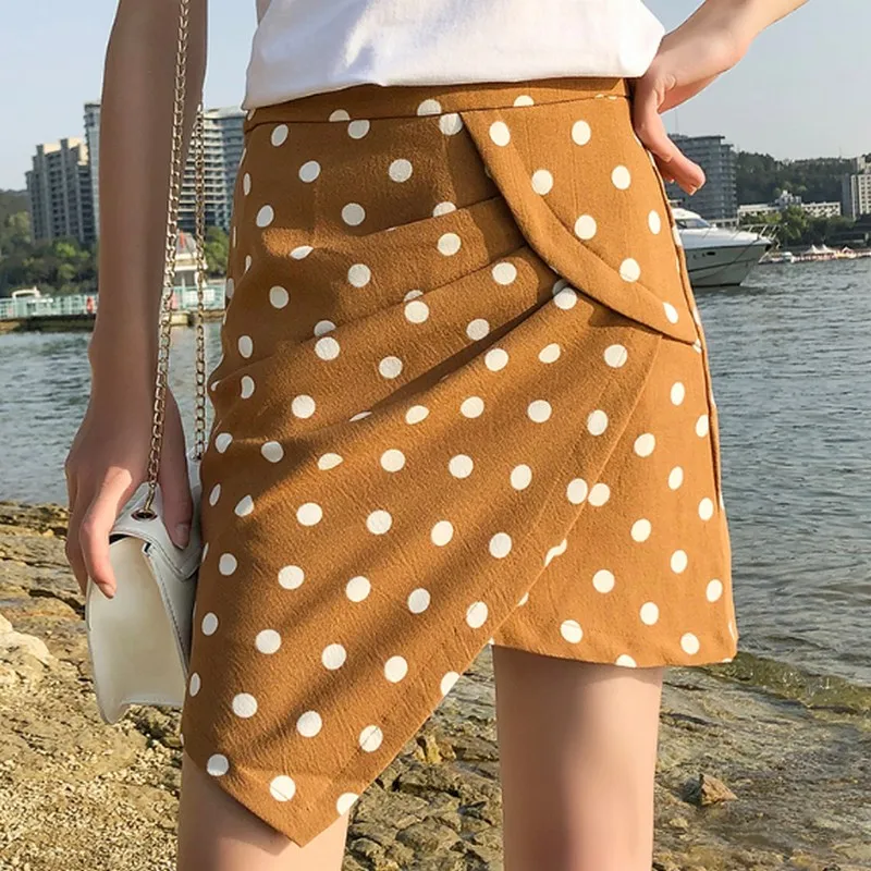 

Women Summer Korean Wave Point Solid Color High Waist A-line Skirts women Casual Retro Irregular Hem Package Hip Skirt Female