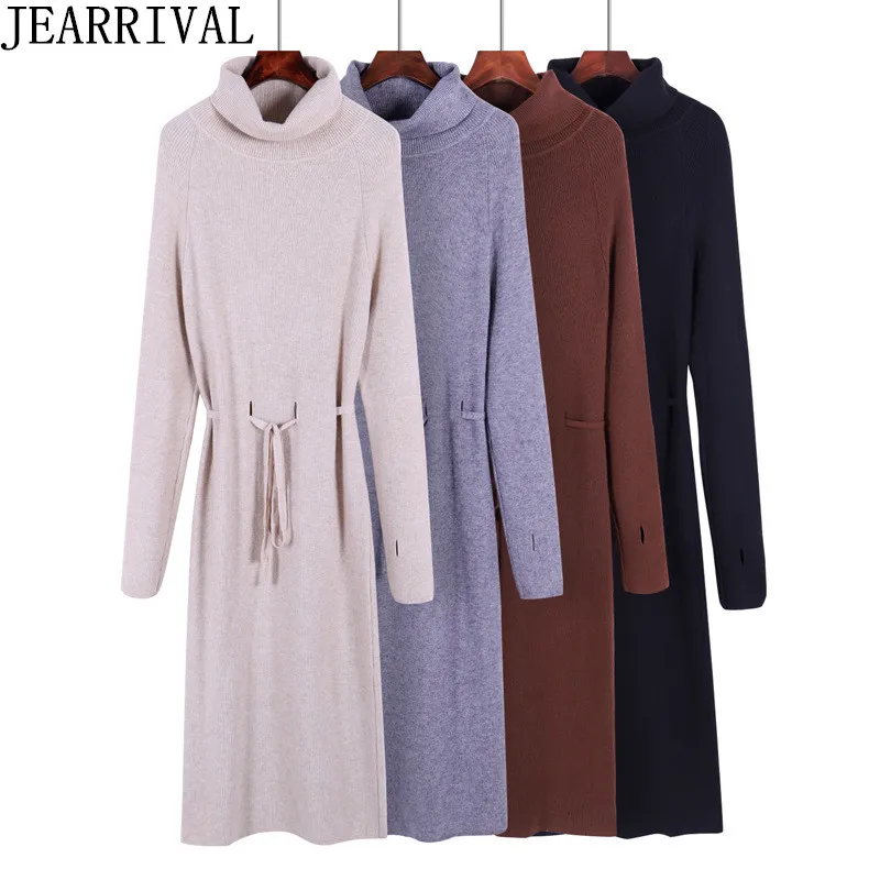 

2018 New Winter Knitted Sweater Dress Women's Fashion Long Sleeve Turtleneck Thumb Hole Midi Casual Dress Vestidos De Festa