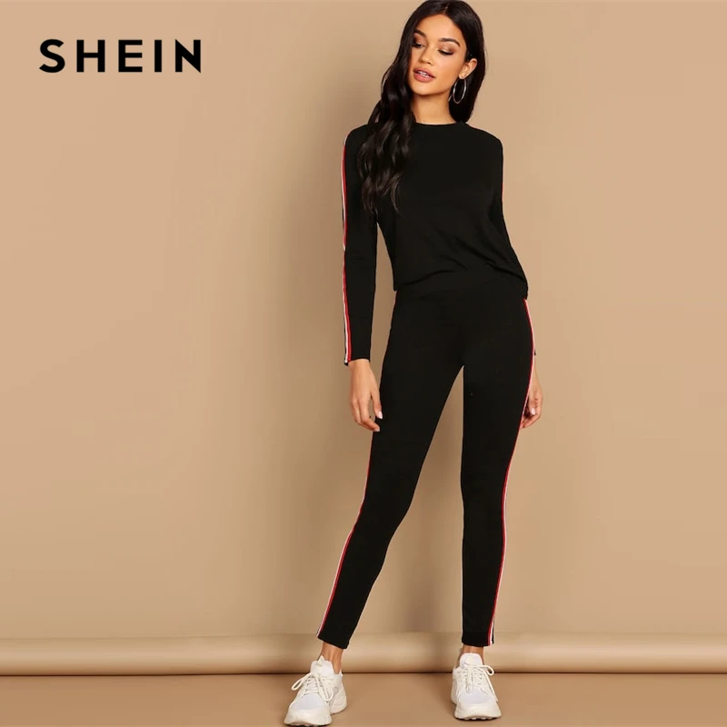 SHEIN Спортивный Костюм С Отделкой Стильный Однотонный Костюм Топ И Брюки С Контрастной Отделкой