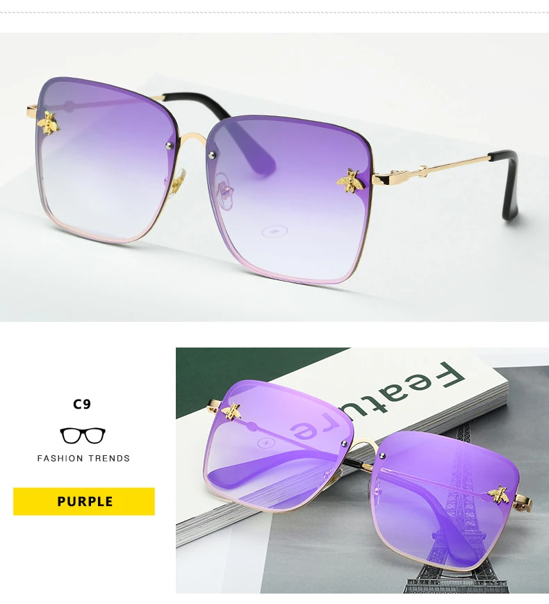 2022 New Fashion Lady Oversize Rimless Square Bee Sunglasses Women Men Small Bee Glasses Gradient Sun Glasses Female UV400 big sunglasses for women