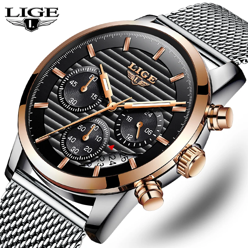 

LIGE Top Brand Luxury Men's Watches Business Quartz Clock Stainless Steel Watch Waterproof Fashion Chronograph Sports Men Watch