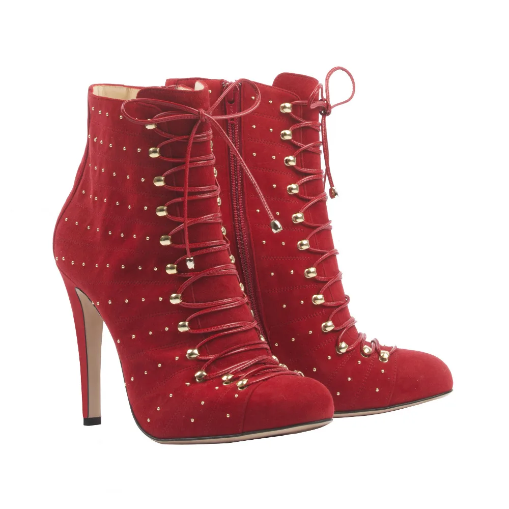 

Red Pointed Toe Rivets Lace-up Ankle High Short Boots For Women Real Image Ladies Boot High Heels Plus Size Womens Shoes Heels