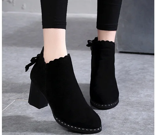 

Hot Winter Boots women 2018 Black Ankle Boots For Women Thick Heel Slip On Ladies Shoes Boots34-42