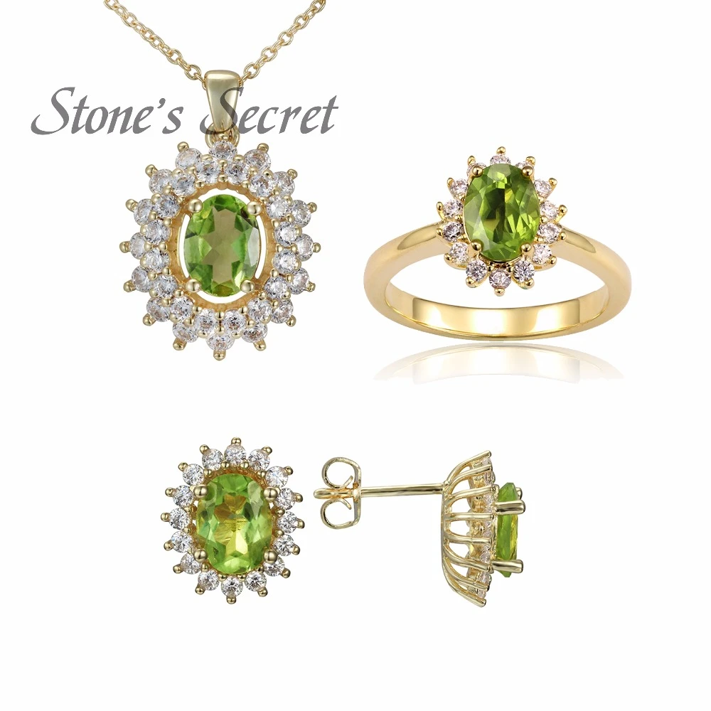 Natural Peridot Jewelry Set Natural Peridot Ring Pendant Earrings White Gold Plated S925 Sterling Silver Peridot Jewelry Set