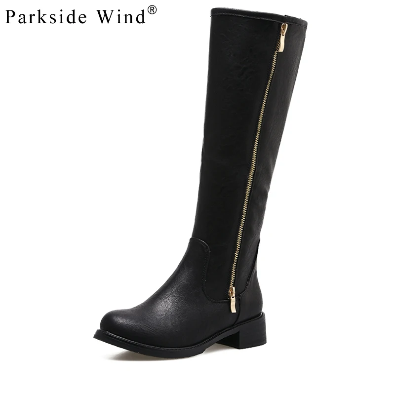 

Parkside Wind Knee-High Women Boots PU Leather Metal Decoration Shoes Woman Winter Zipper Solid Female Rubber Boots XWA2587-45