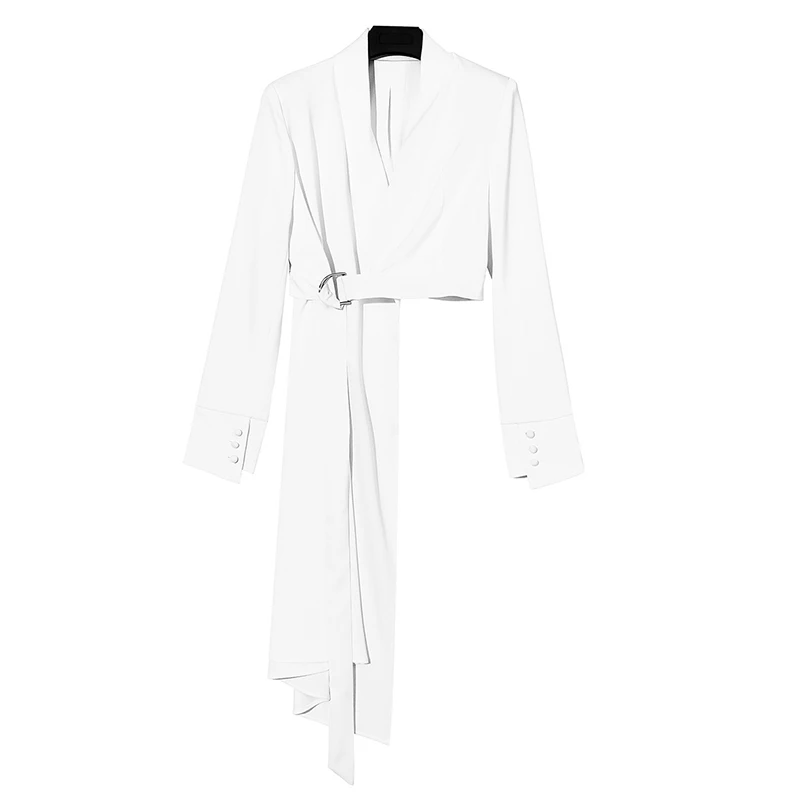 TWOTWINSTYLE OL белый блейзер для женщин с v-образным вырезом и длинным рукавом с поясом ассиметричное пальто женская модная одежда осень
