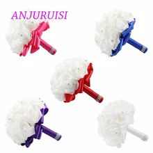 ANJURUISI, есть элегантное Дешевые Искусственный Свадебный невесты свадебные цветы букет Свадебный букет с украшением в виде кристаллов с шелковой лентой