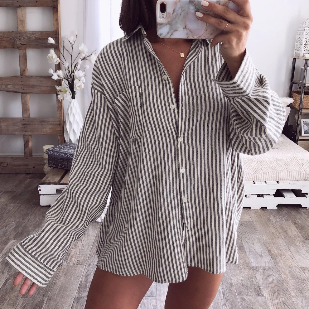 Пуговицы Для Женщин Осенние блузки с длинным рукавом отложной воротник Kawaii Blusas женский Большие футболки пикантная Повседневная полосатая