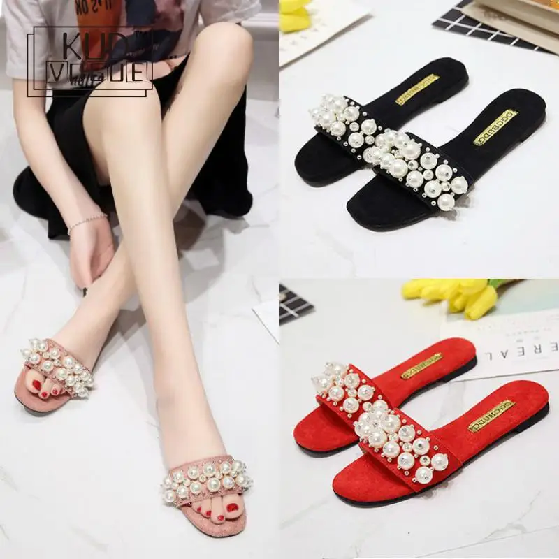 

Summer New Women Slippers Pearl Beach Plus Size Flat Shoes Slides Sandals Ladies Fashion Slippers Open-Toed Luxurious Slipper