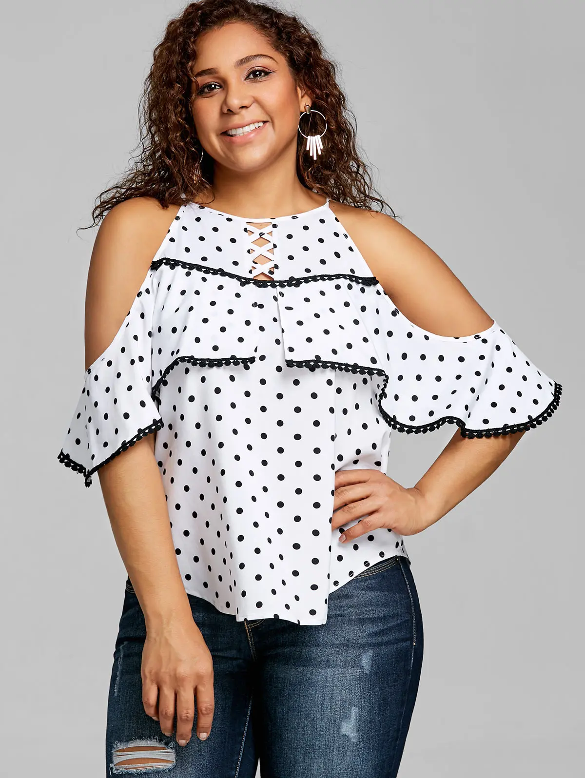 Gamiss Women Plus Size Polka Dot Cold Shoulder Flounce Top